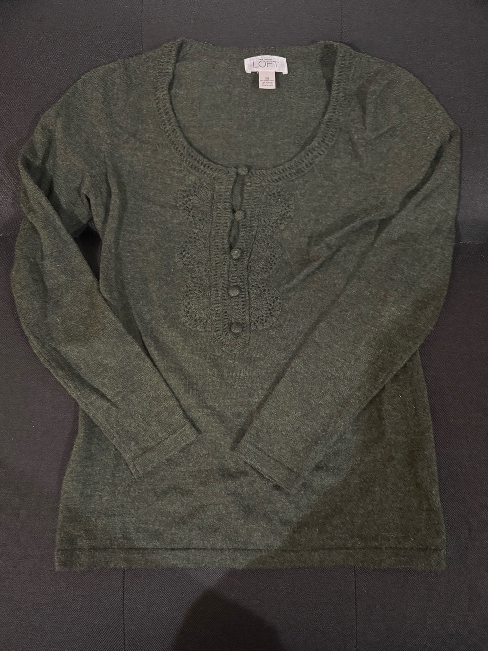 LOFT Wool Blend Dark Olive Green Long Sleeve Knit Scoop Neck Button Top